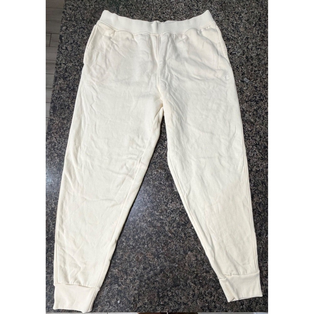 Champion Mens Joggers Sweatpants Cream Off-White Fleece Lined Size Large